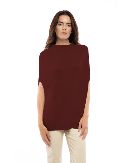 Women's Pure Cashmere Crew Neck Poncho Bordeaux