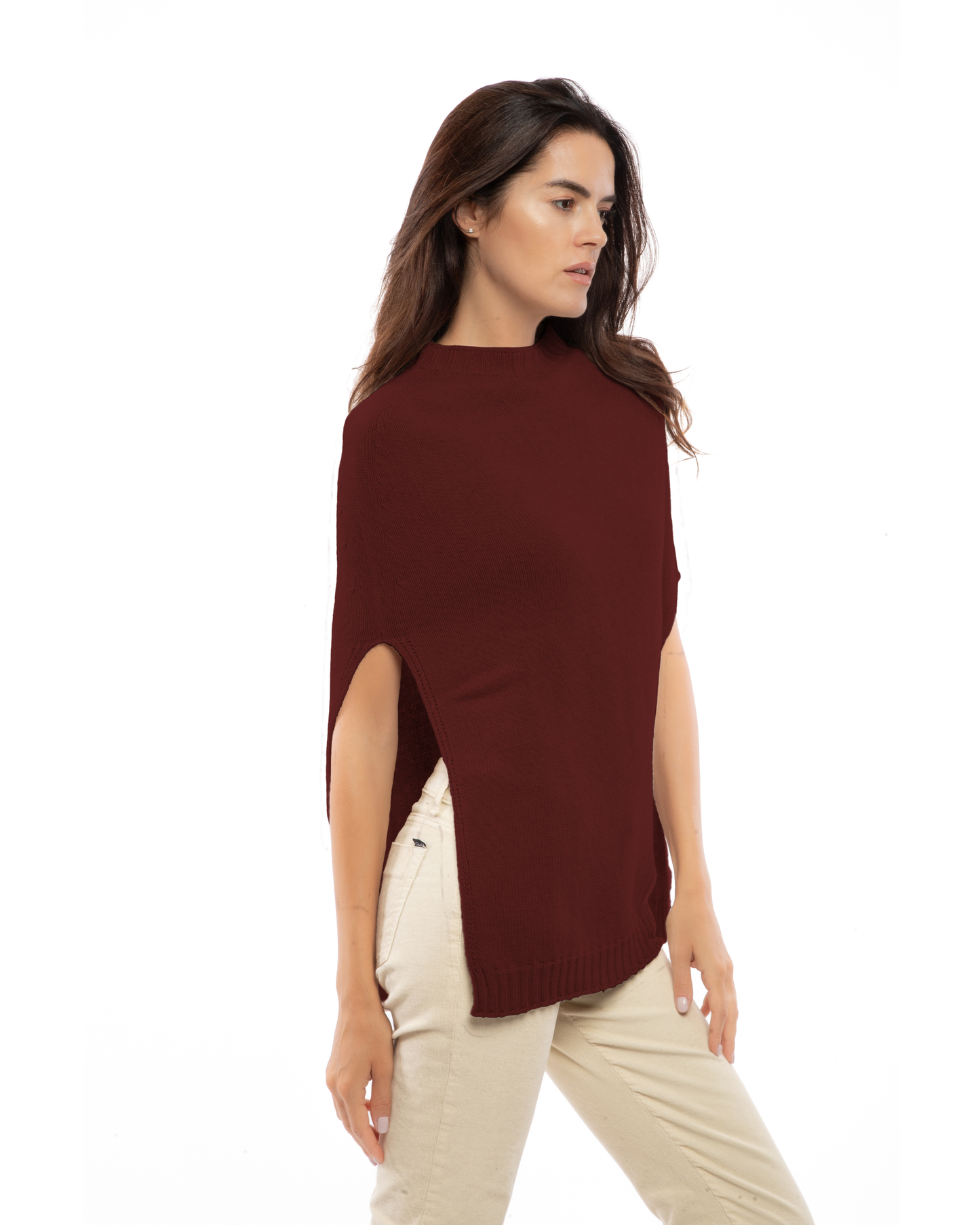 Women's Pure Cashmere Crew Neck Poncho Bordeaux