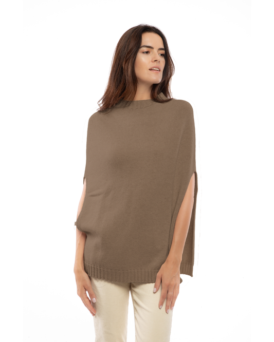 Women's Pure Cashmere Crew Neck Poncho Brown
