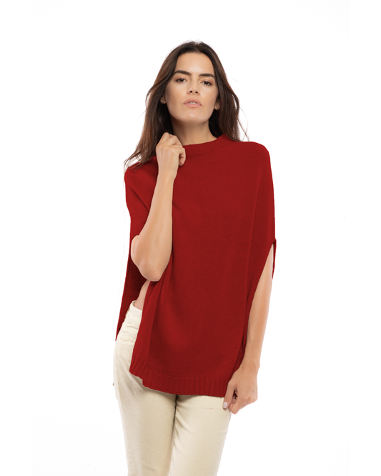 Women's Pure Cashmere Crew Neck Poncho Chianti