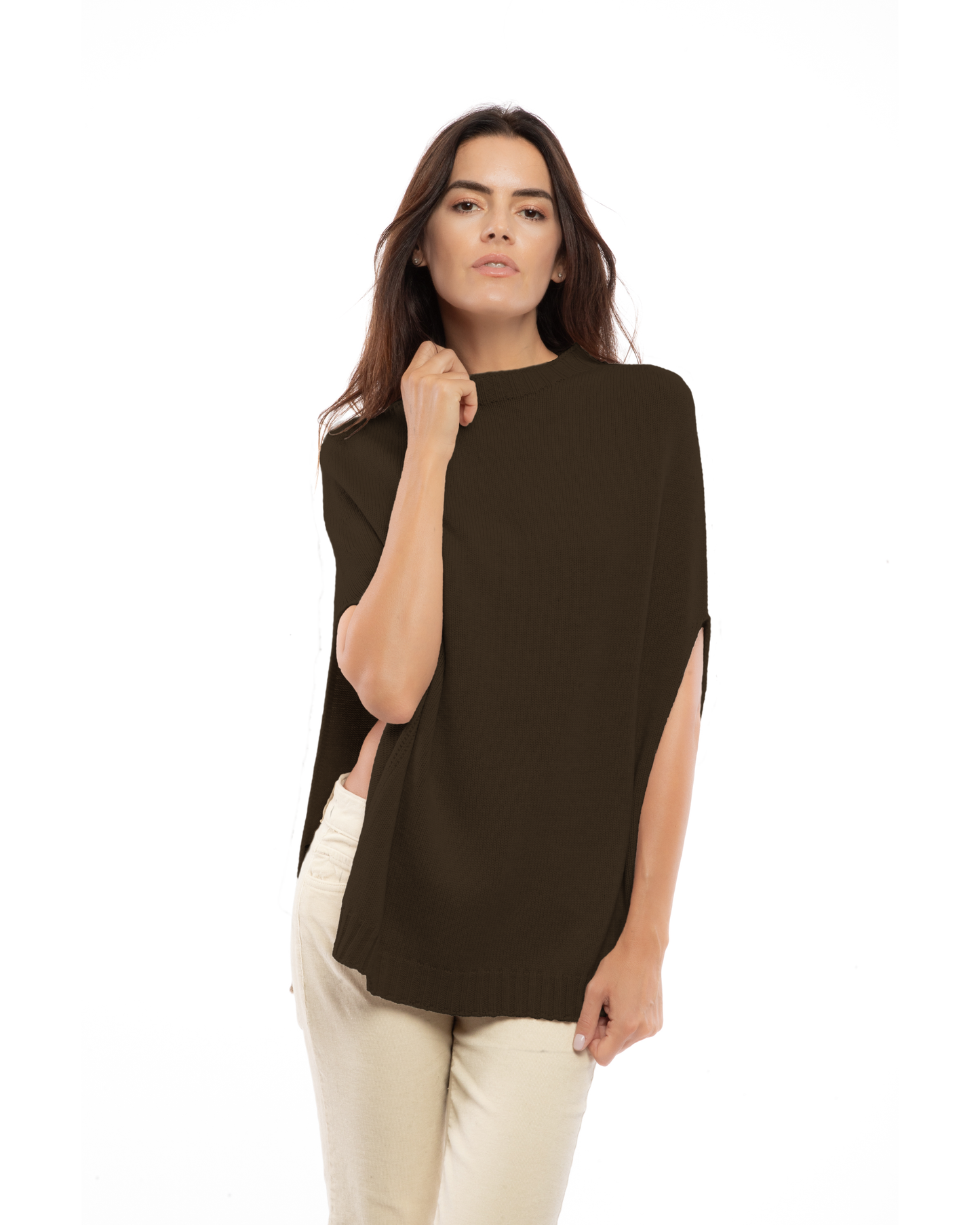 Women's Pure Cashmere Crew Neck Poncho Coffee