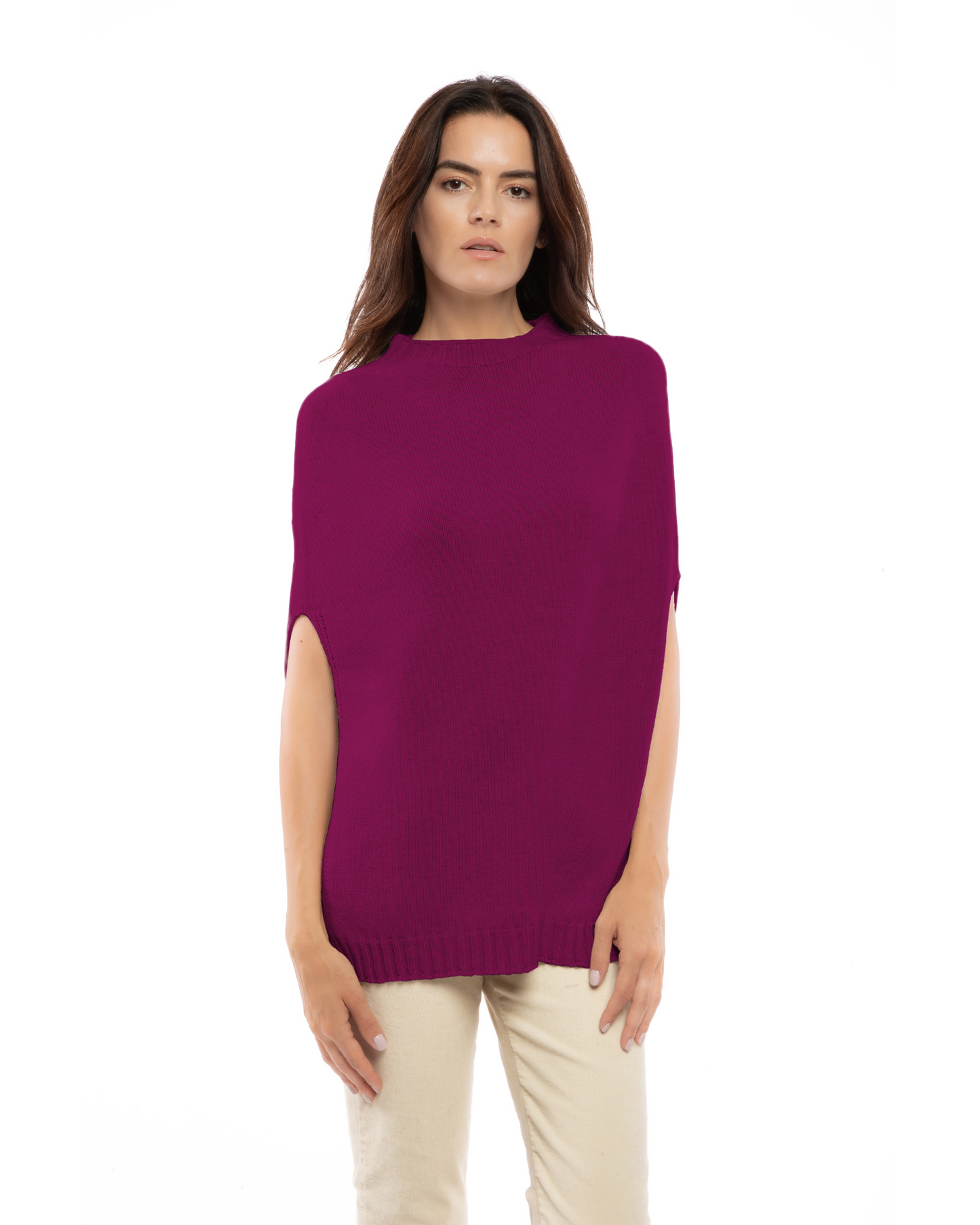 Women's Pure Cashmere Crew Neck Poncho Magenta