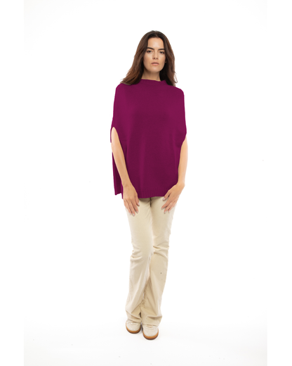 Women's Pure Cashmere Crew Neck Poncho Magenta