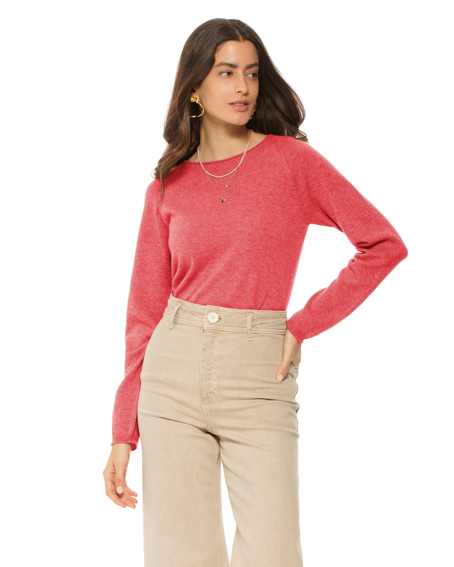 Women's Ultralight Cashmere Raglan Crew Neck Sweater Coral Red
