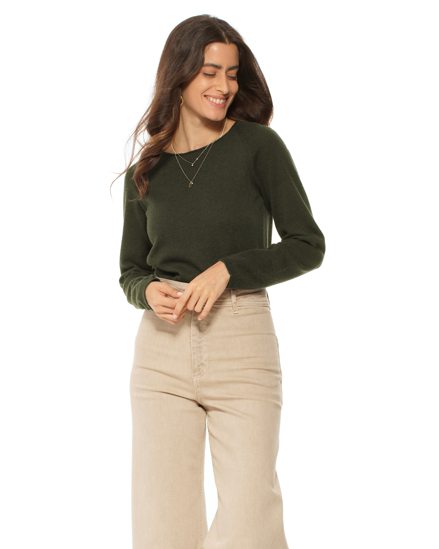 Women's Ultralight Cashmere Raglan Crew Neck Sweater Olive Green