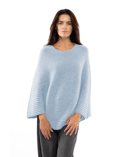 Women's Pure Cashmere Ribbed Knit Poncho Baby Blue