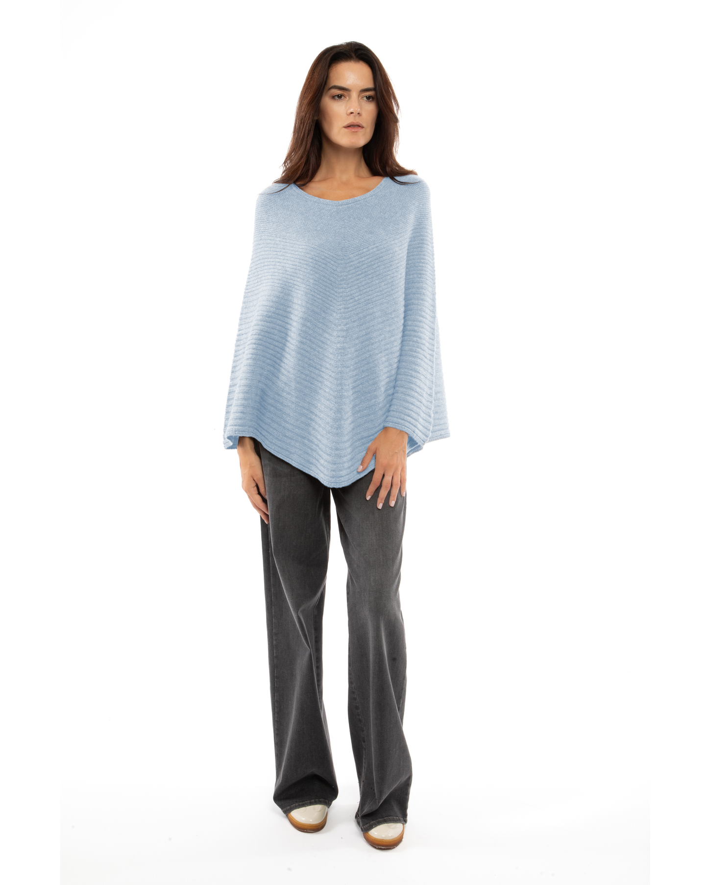 Women's Pure Cashmere Ribbed Knit Poncho Baby Blue