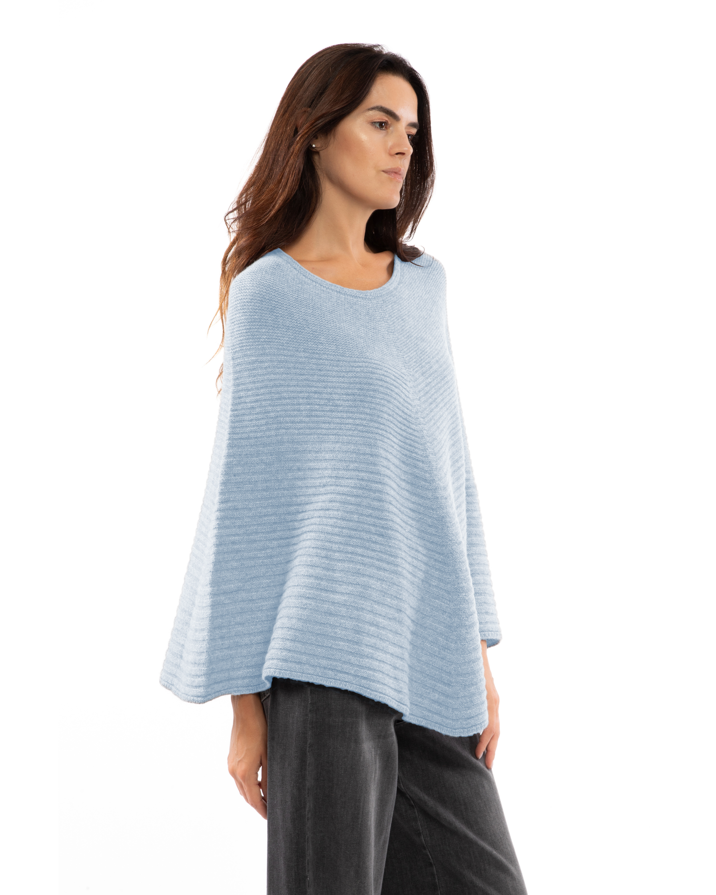 Women's Pure Cashmere Ribbed Knit Poncho Baby Blue