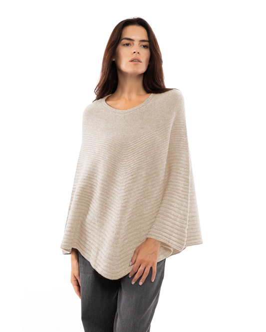 Women's Pure Cashmere Ribbed Knit Poncho Beige