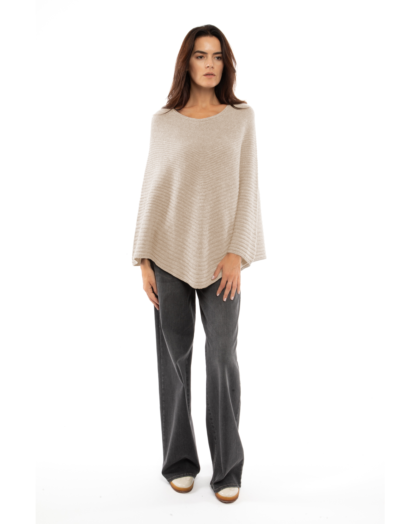 Women's Pure Cashmere Ribbed Knit Poncho Beige
