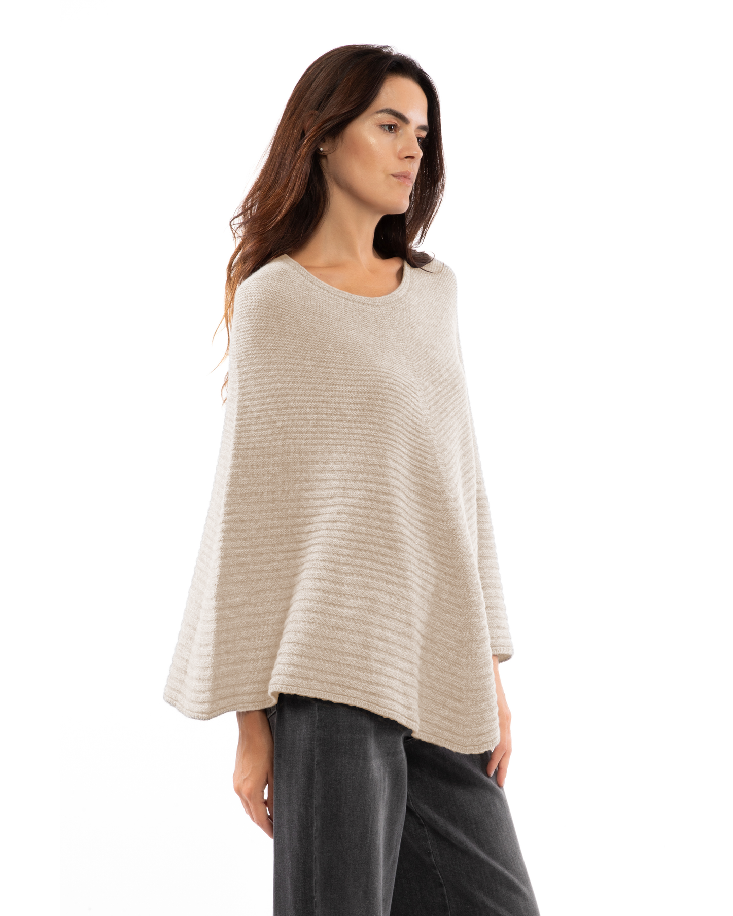Women's Pure Cashmere Ribbed Knit Poncho Beige