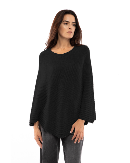 Women's Pure Cashmere Ribbed Knit Poncho Black