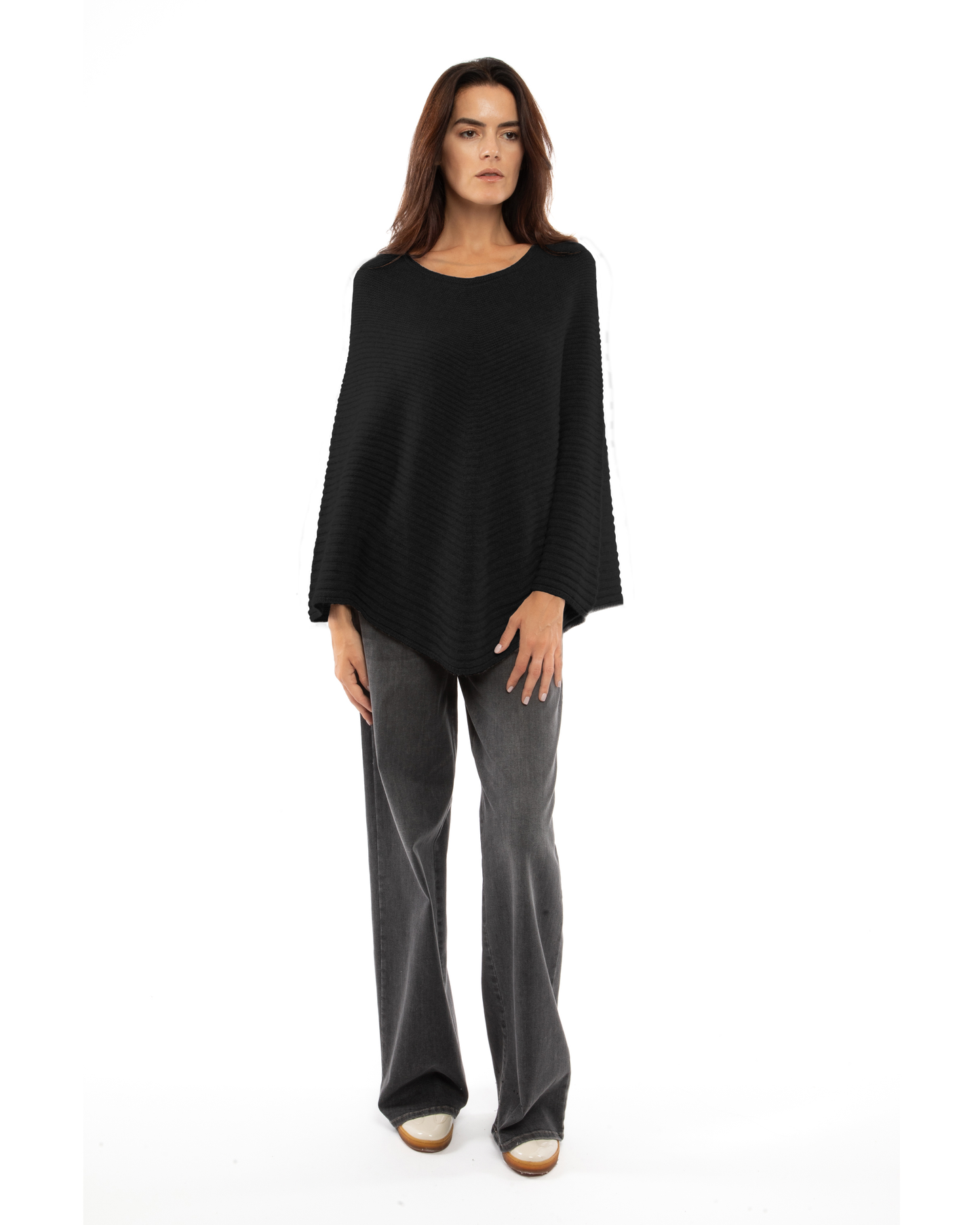 Women's Pure Cashmere Ribbed Knit Poncho Black