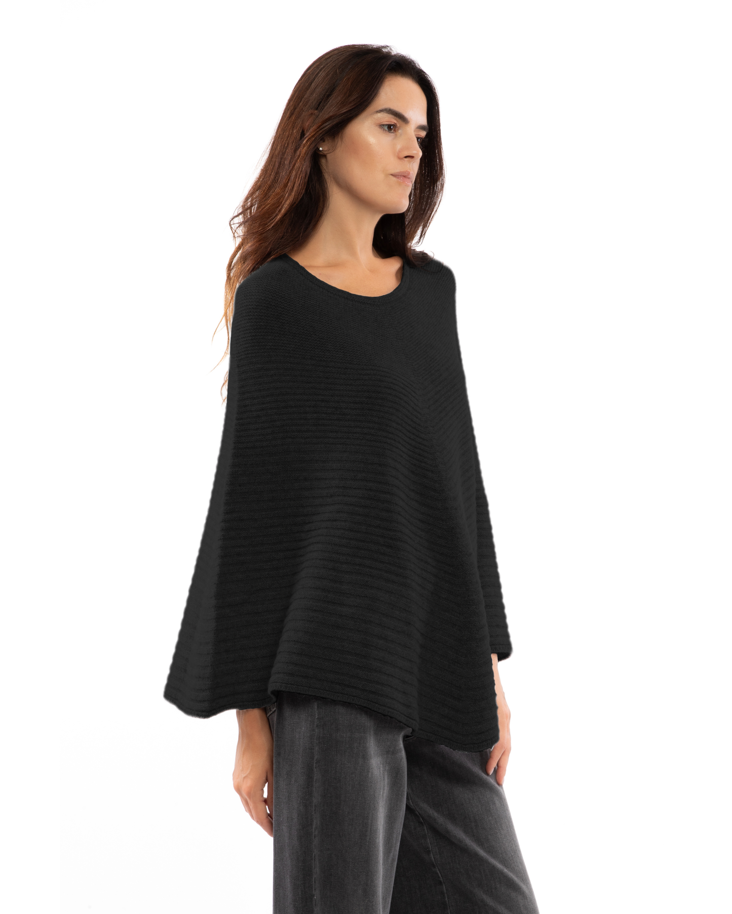 Women's Pure Cashmere Ribbed Knit Poncho Black