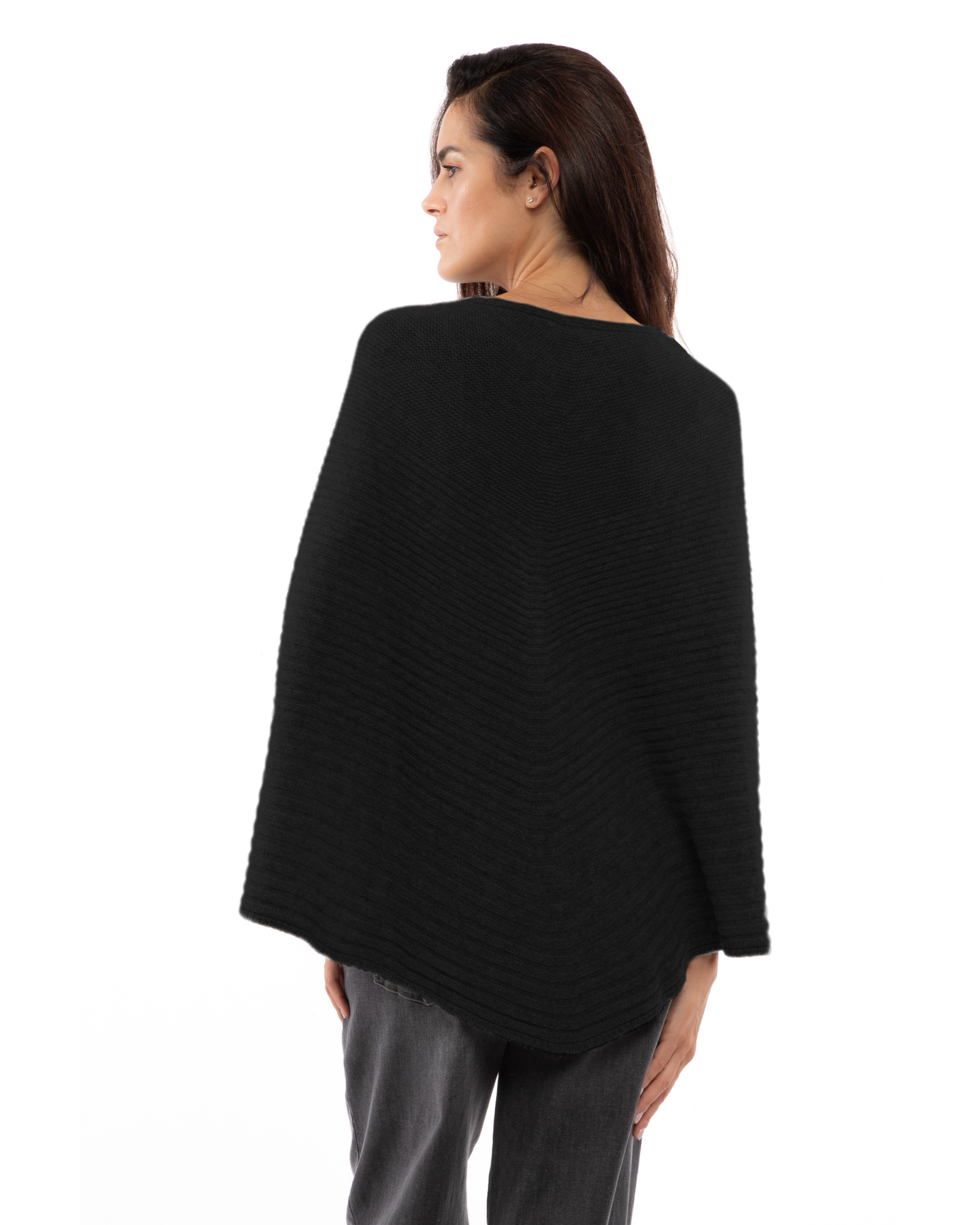 Women's Pure Cashmere Ribbed Knit Poncho Black
