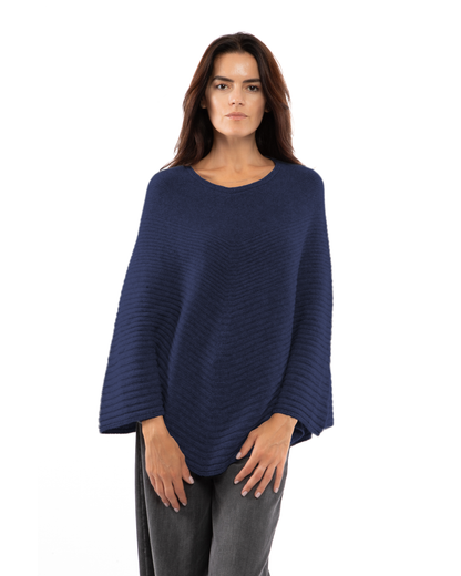 Women's Pure Cashmere Ribbed Knit Poncho Blue
