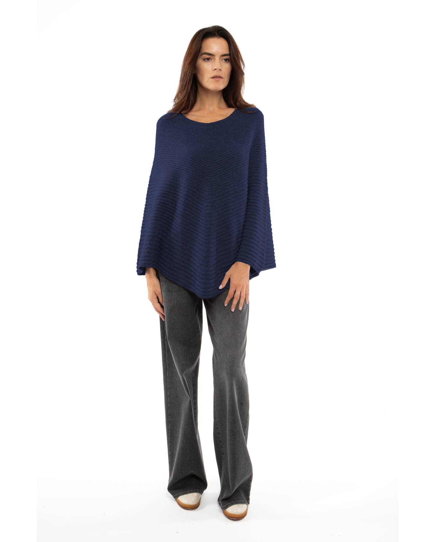 Women's Pure Cashmere Ribbed Knit Poncho Blue