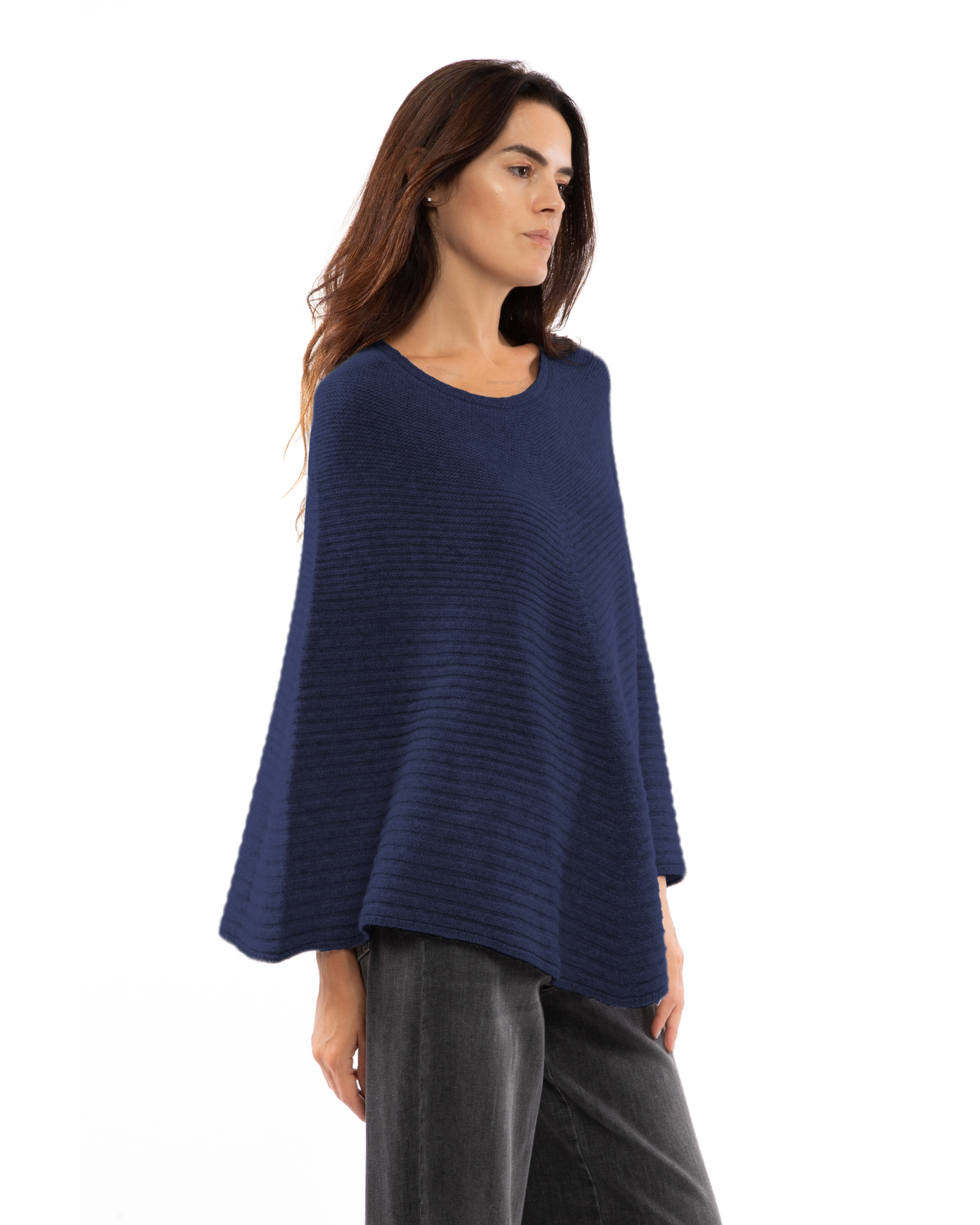 Women's Pure Cashmere Ribbed Knit Poncho Blue