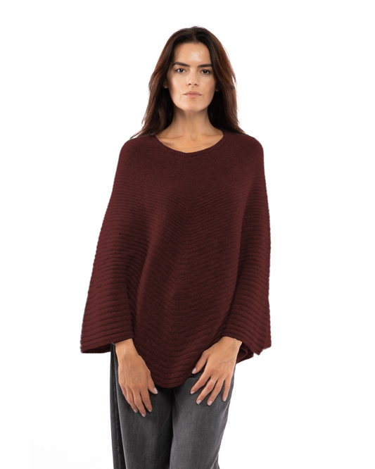 Women's Pure Cashmere Ribbed Knit Poncho Bordeaux