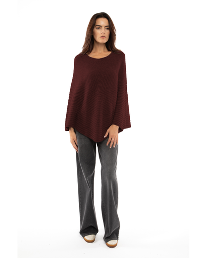 Women's Pure Cashmere Ribbed Knit Poncho Bordeaux