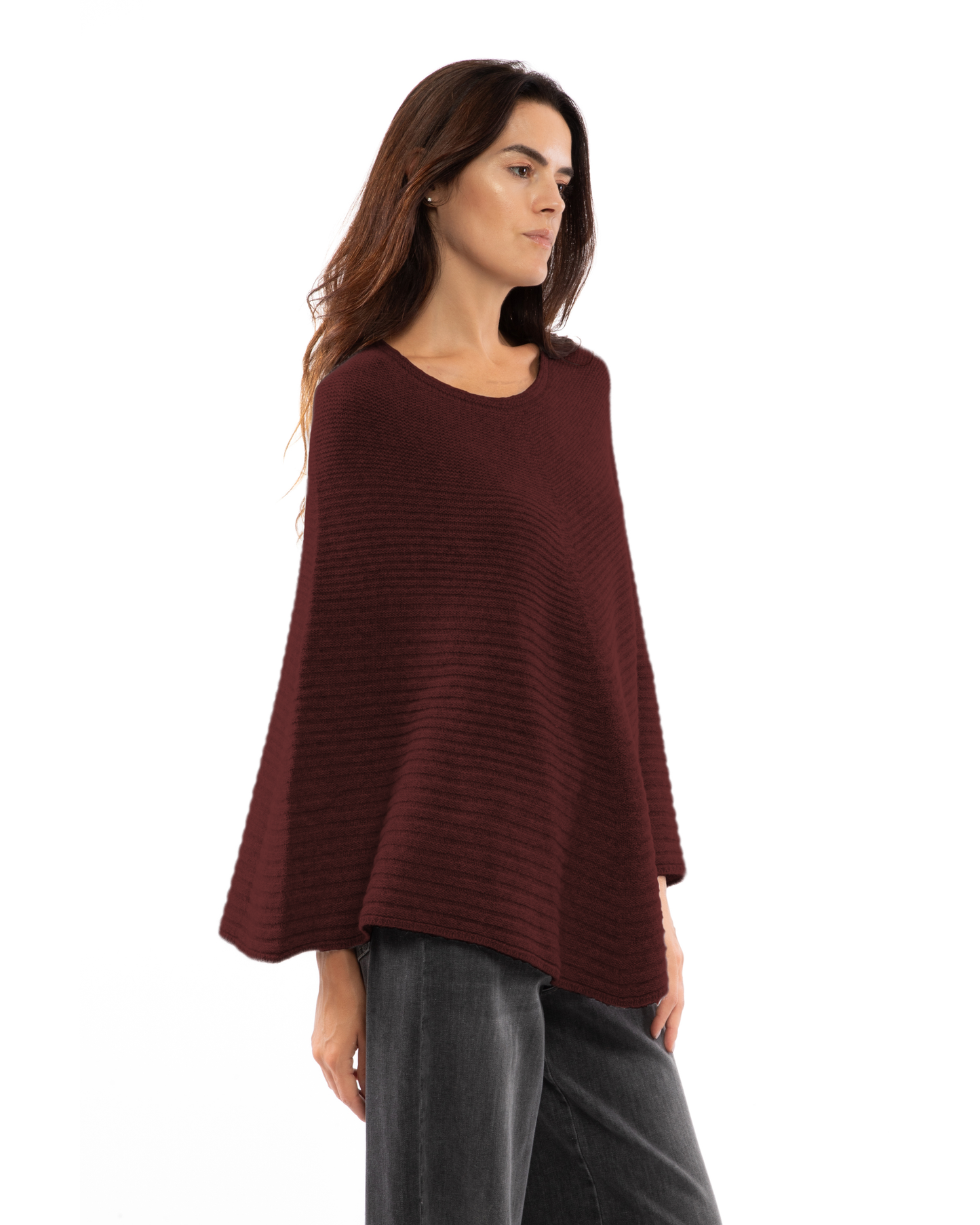 Women's Pure Cashmere Ribbed Knit Poncho Bordeaux