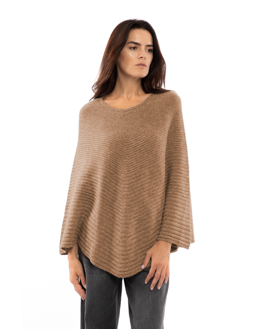Women's Pure Cashmere Ribbed Knit Poncho Camel