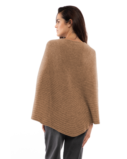 Women's Pure Cashmere Ribbed Knit Poncho Camel