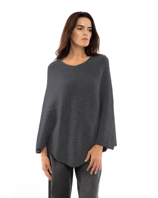 Women's Pure Cashmere Ribbed Knit Poncho Charcoal