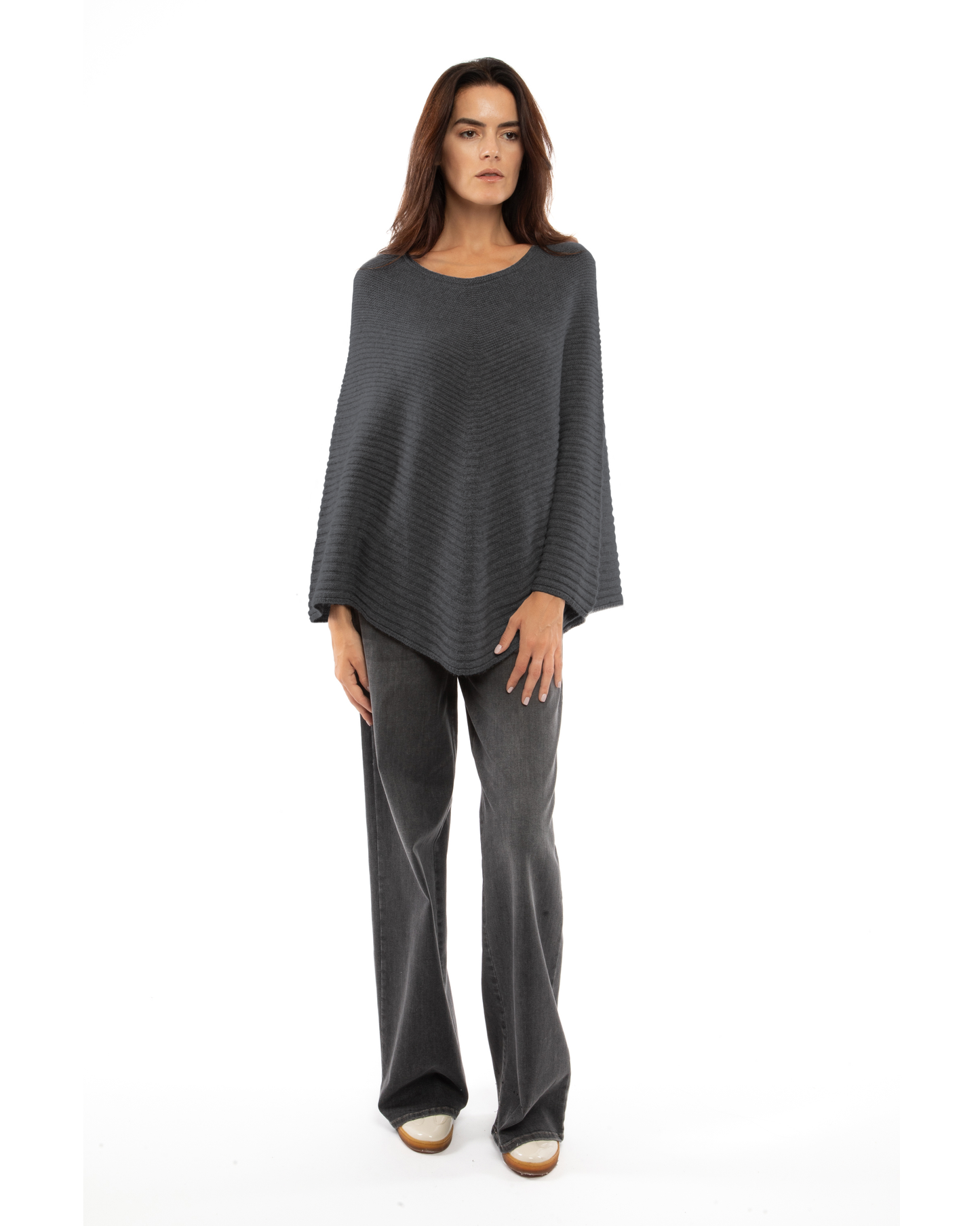 Women's Pure Cashmere Ribbed Knit Poncho Charcoal