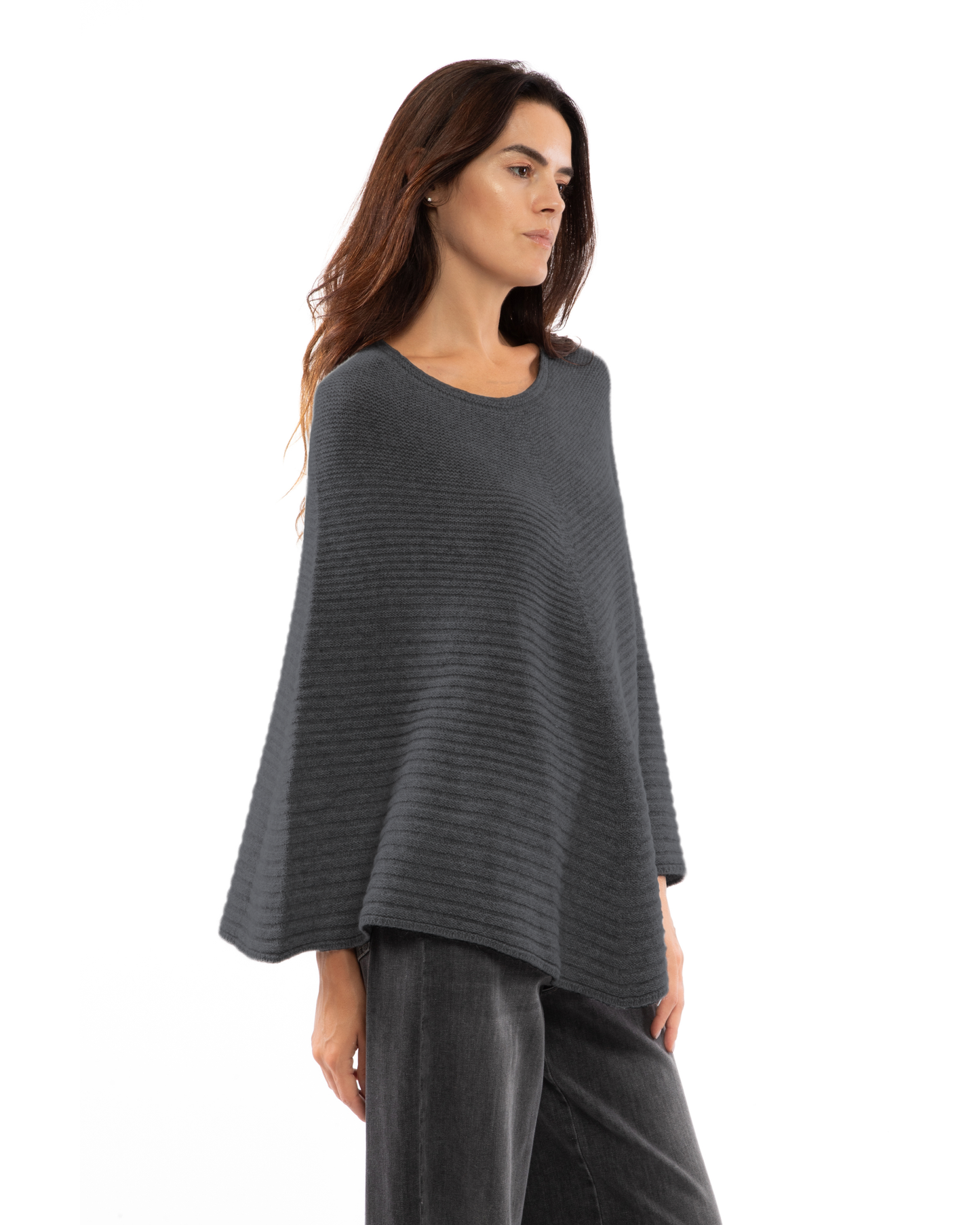 Women's Pure Cashmere Ribbed Knit Poncho Charcoal