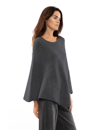 Women's Pure Cashmere Ribbed Knit Poncho Charcoal