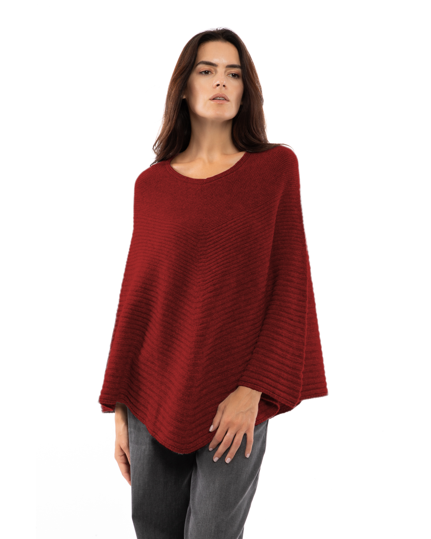 Women's Pure Cashmere Ribbed Knit Poncho Chianti