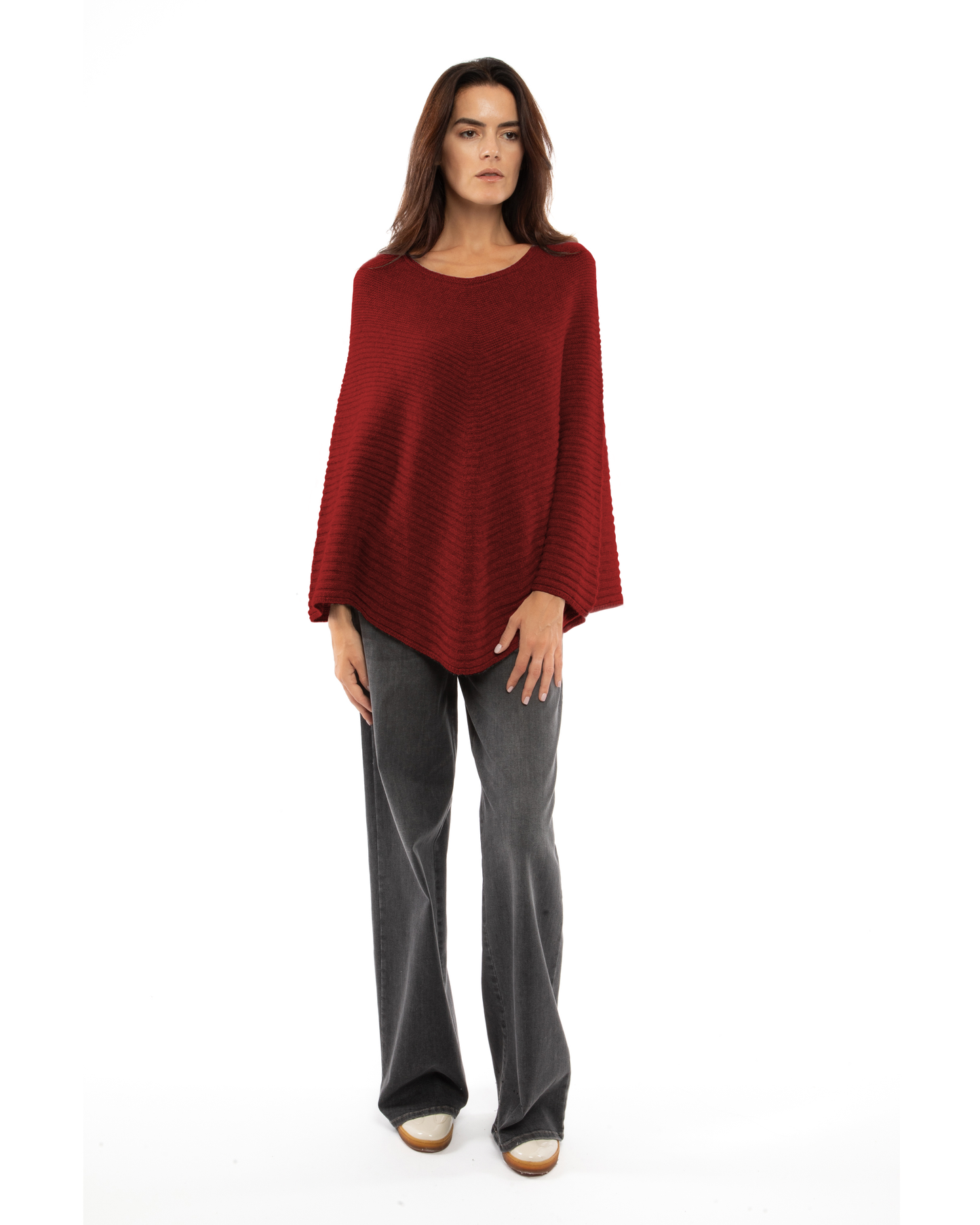 Women's Pure Cashmere Ribbed Knit Poncho Chianti