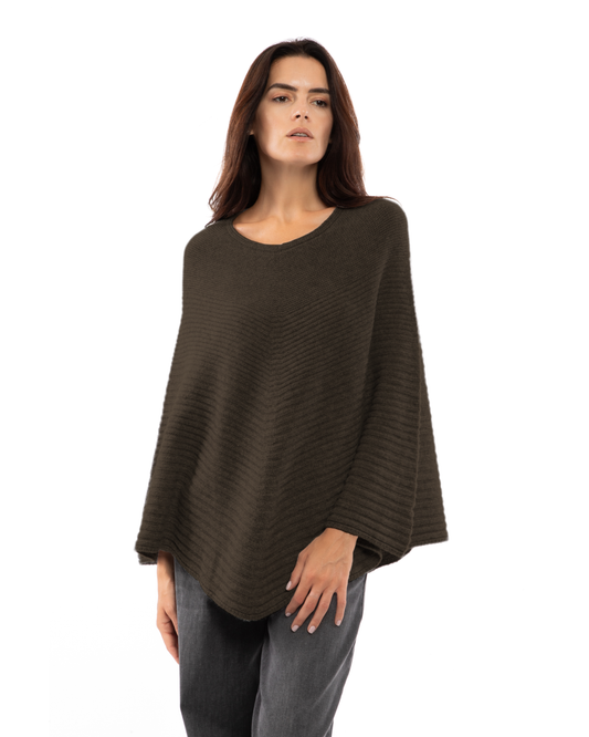 Women's Pure Cashmere Ribbed Knit Poncho Coffee