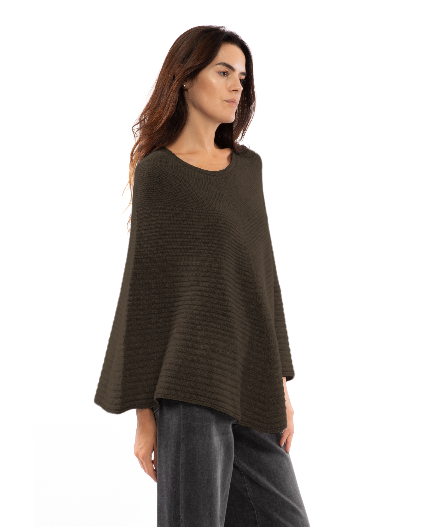 Women's Pure Cashmere Ribbed Knit Poncho Coffee