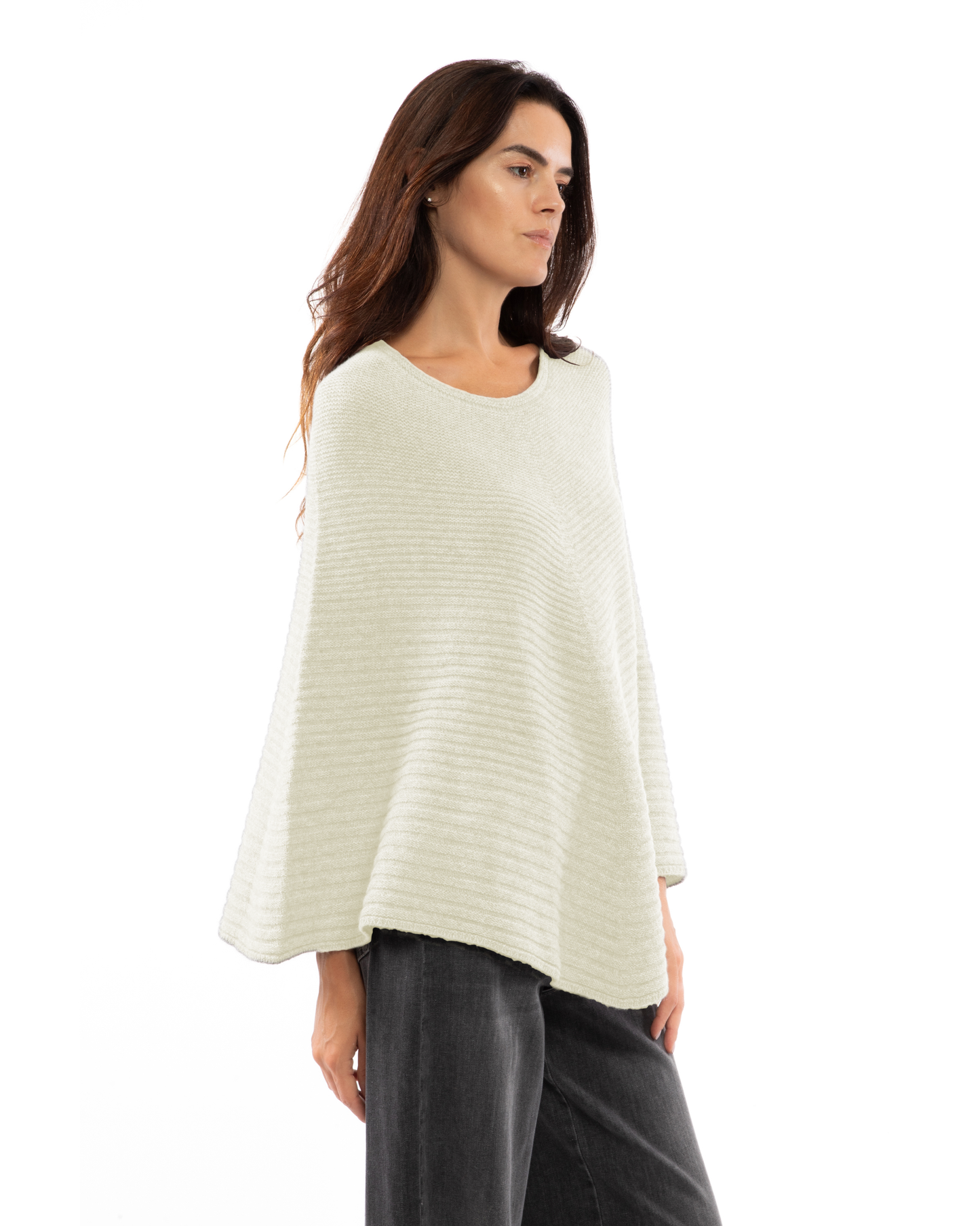 Women's Pure Cashmere Ribbed Knit Poncho Milk White