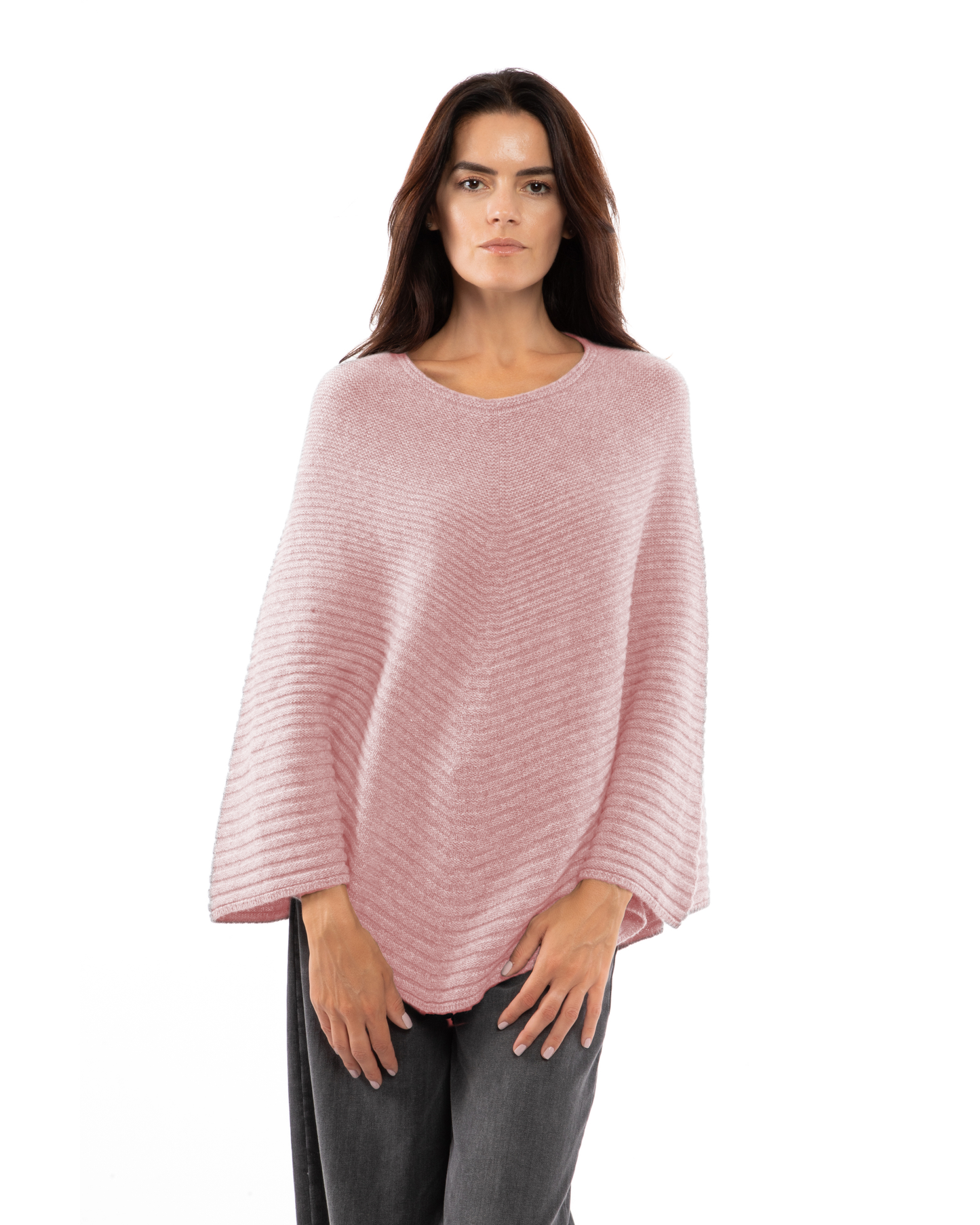 Women's Pure Cashmere Ribbed Knit Poncho Old Rose
