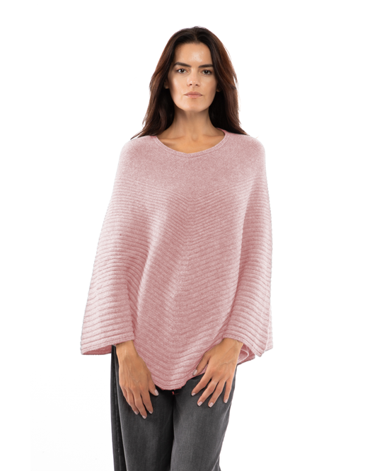 Women's Pure Cashmere Ribbed Knit Poncho Old Rose