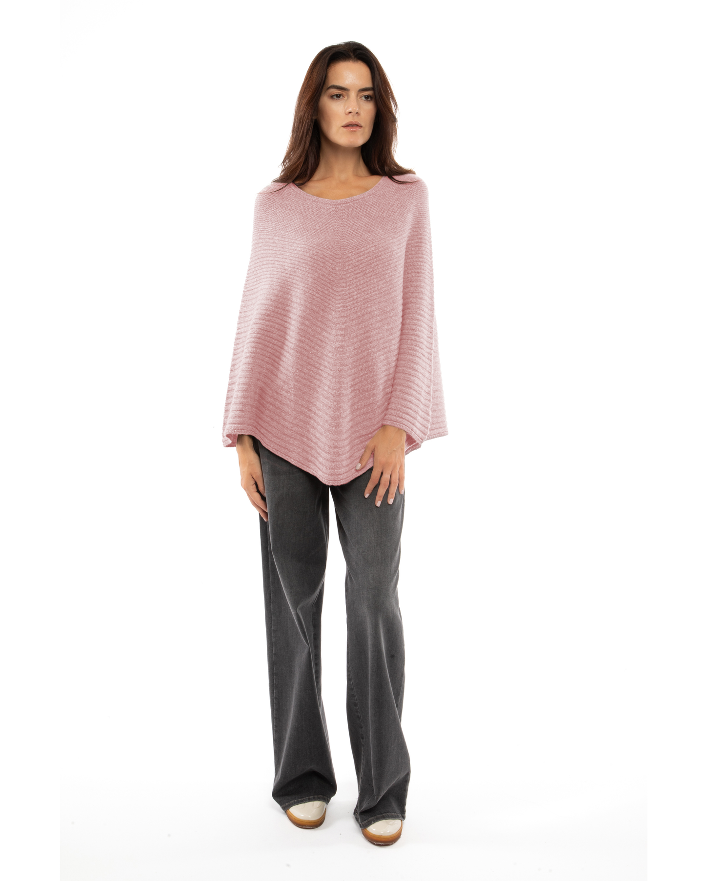 Women's Pure Cashmere Ribbed Knit Poncho Old Rose