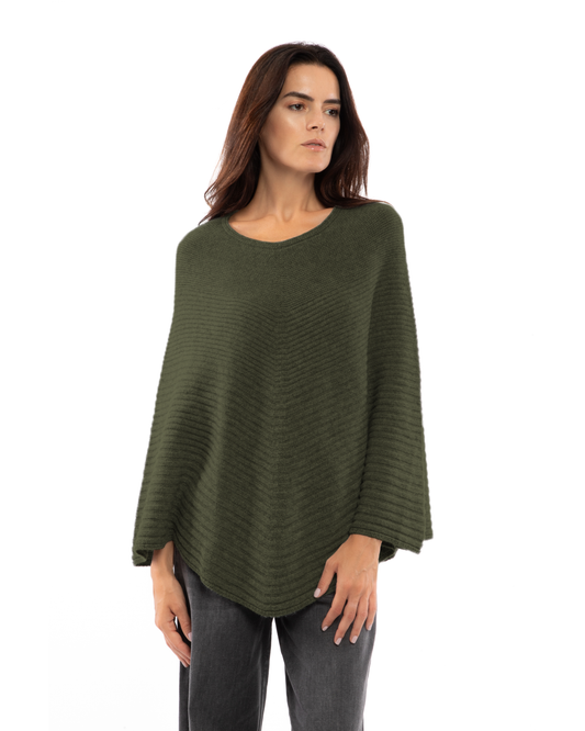 Women's Pure Cashmere Ribbed Knit Poncho Olive Green
