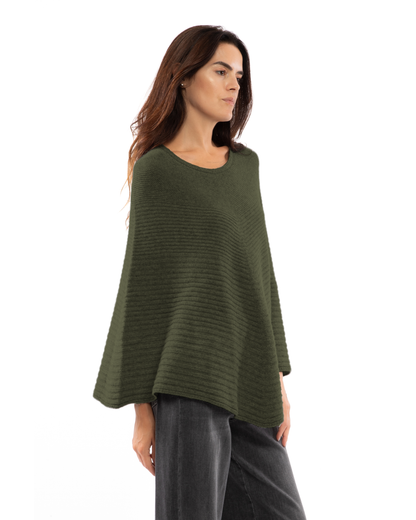 Women's Pure Cashmere Ribbed Knit Poncho Olive Green