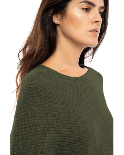 Women's Pure Cashmere Ribbed Knit Poncho Olive Green