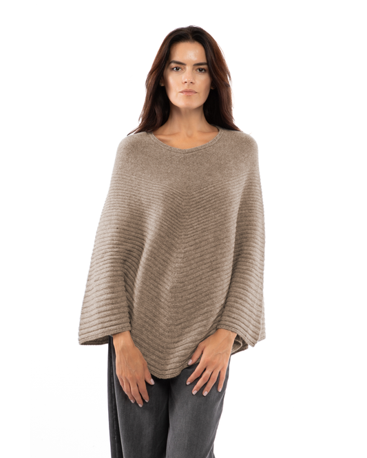 Women's Pure Cashmere Ribbed Knit Poncho Taupe