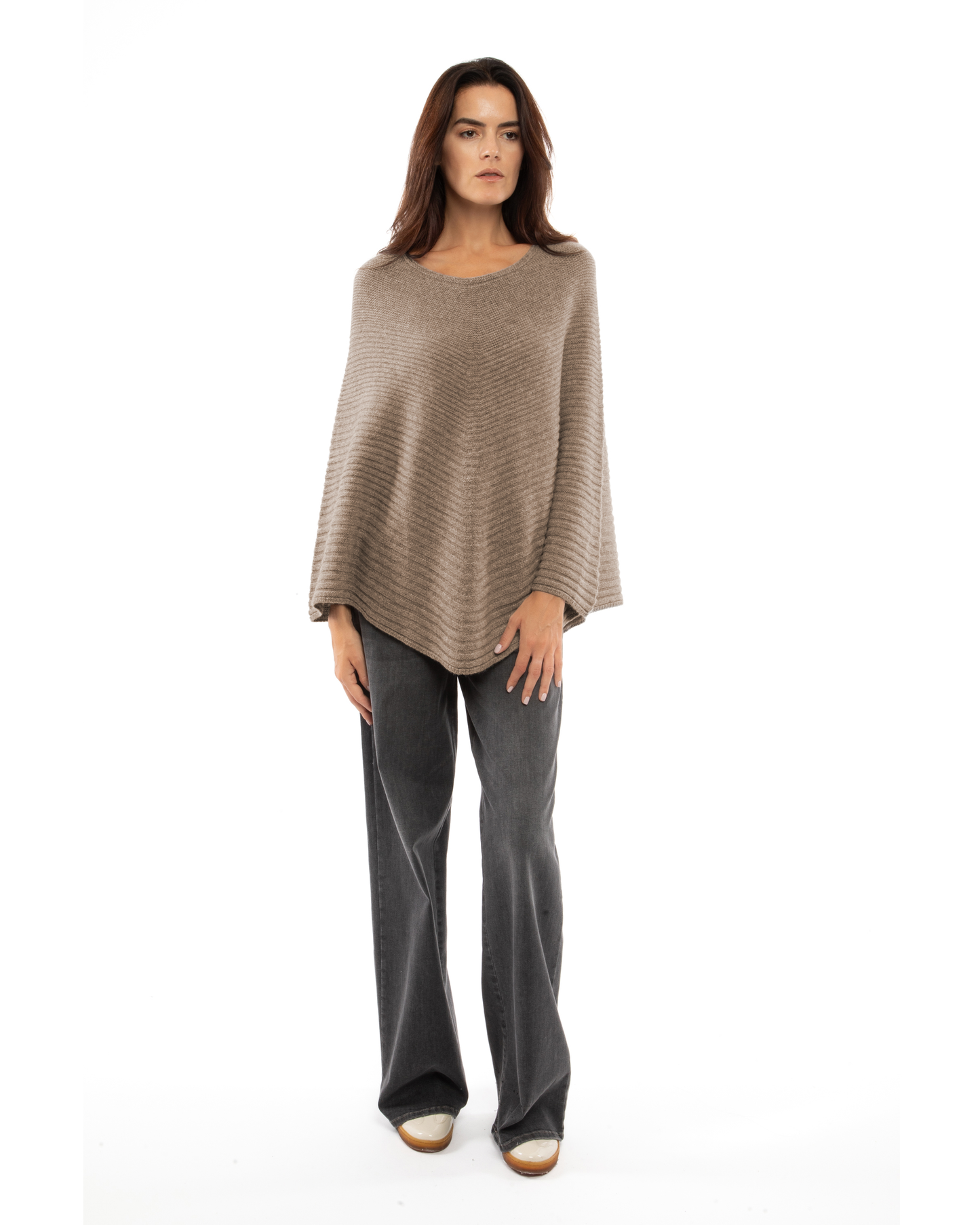 Women's Pure Cashmere Ribbed Knit Poncho Taupe