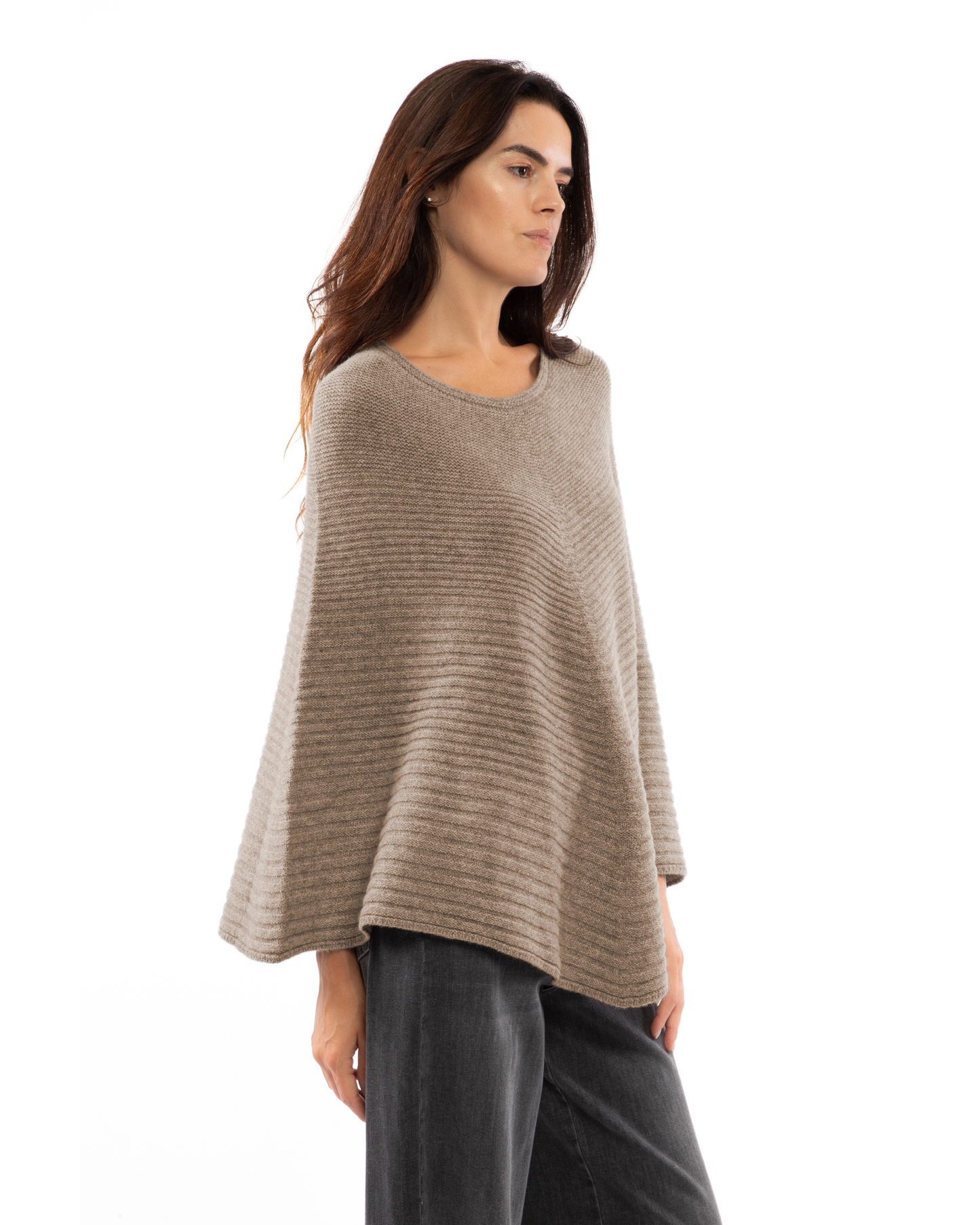 Women's Pure Cashmere Ribbed Knit Poncho Taupe