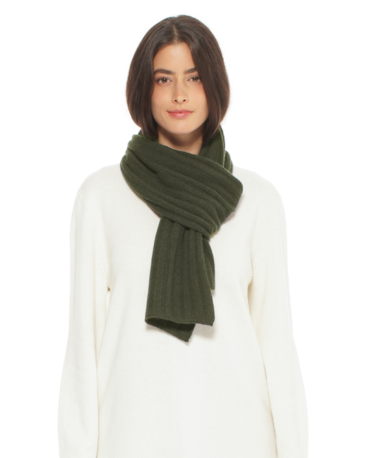 Women's Pure Cashmere Ribbed Scarf Olive Green