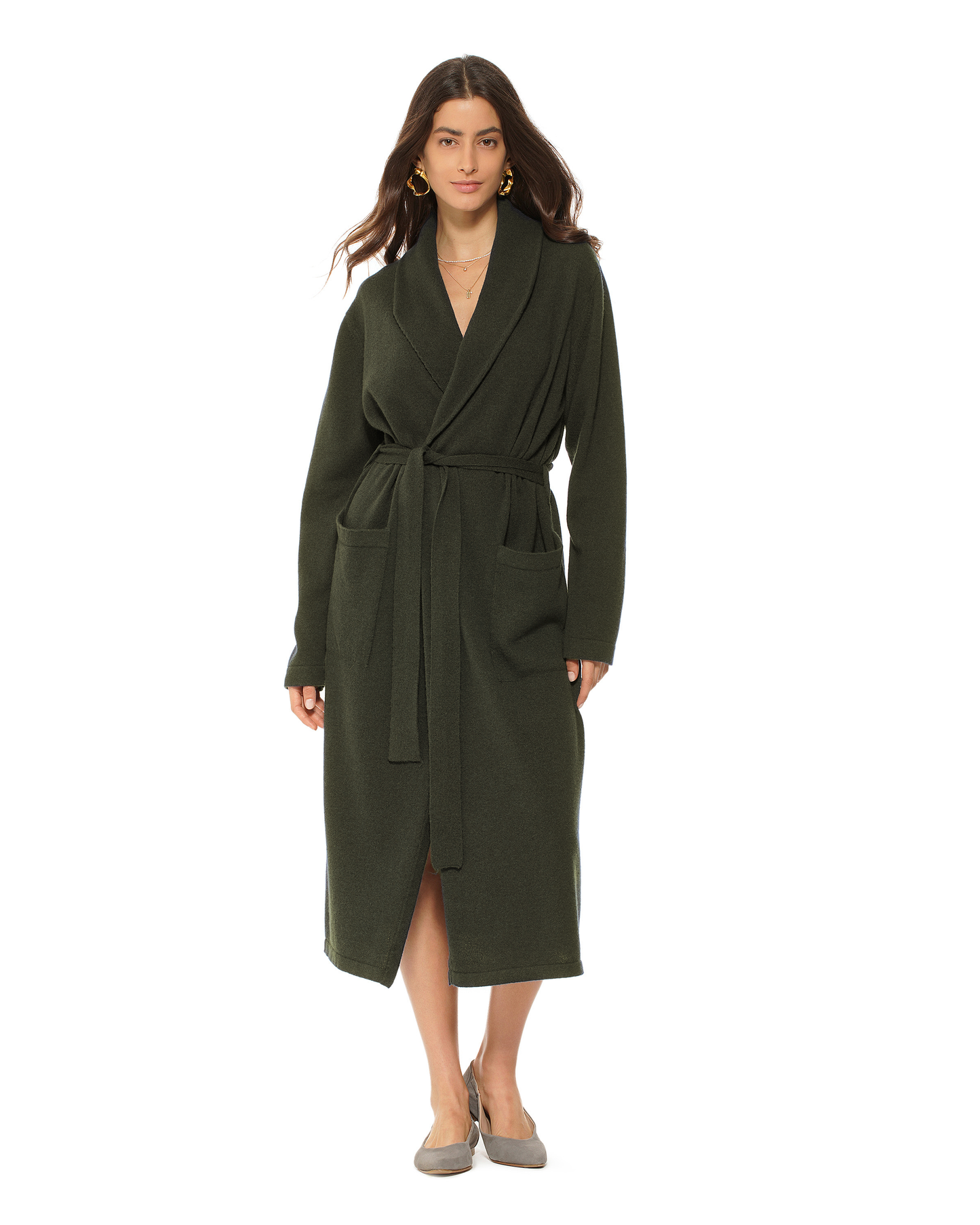 Women's Pure Cashmere Knit Robe Olive Green