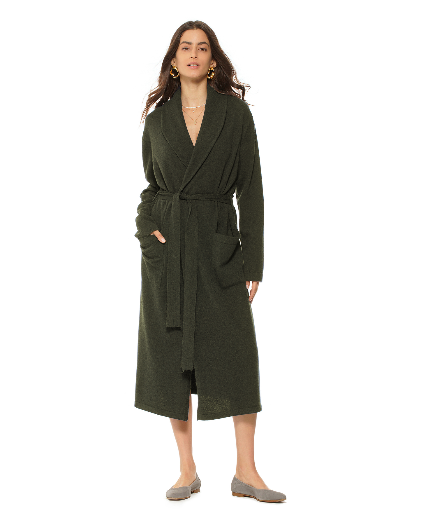 Women's Pure Cashmere Knit Robe Olive Green