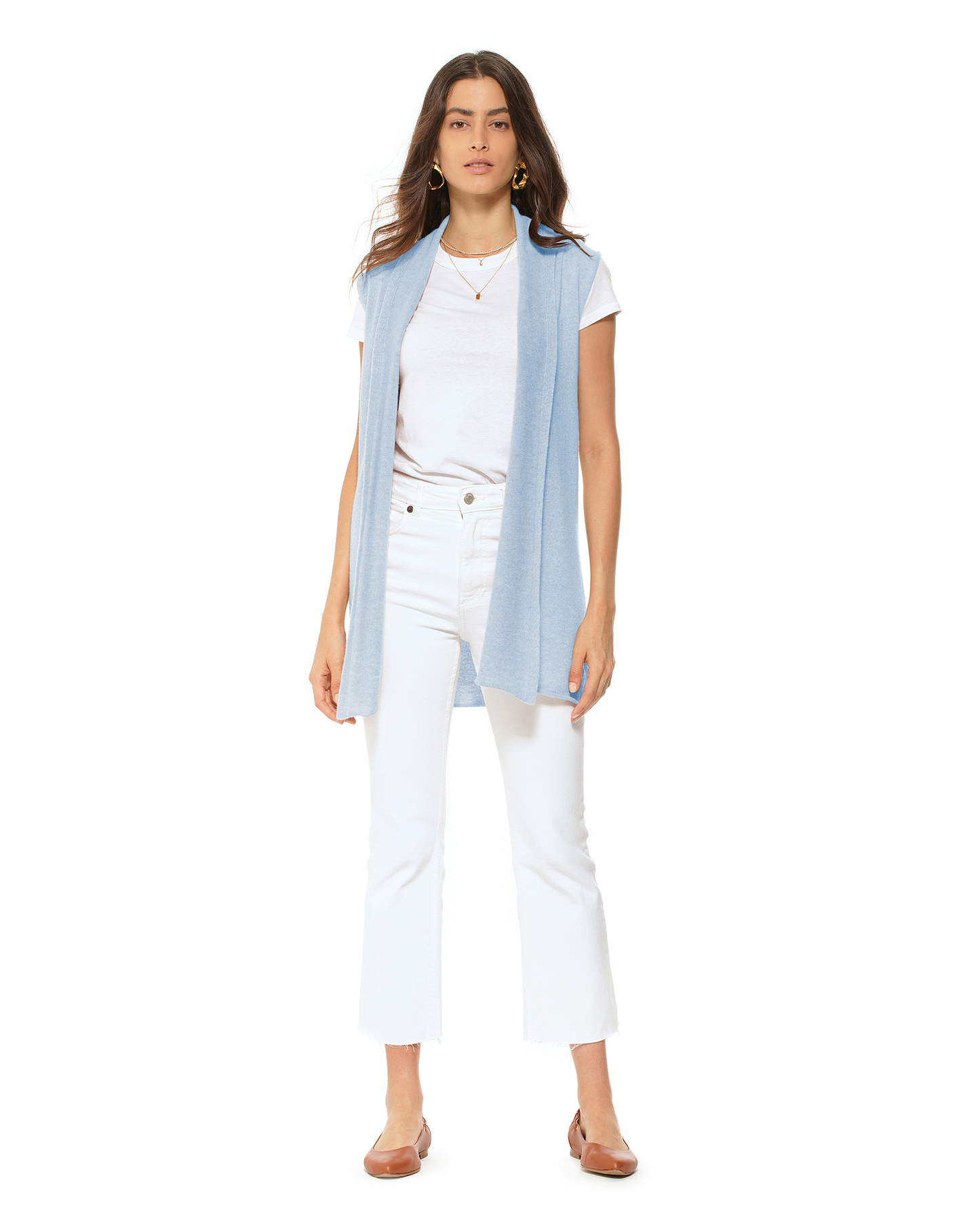 Women's Pure Cashmere Sleeveless Long Open Front Cardigan Baby Blue
