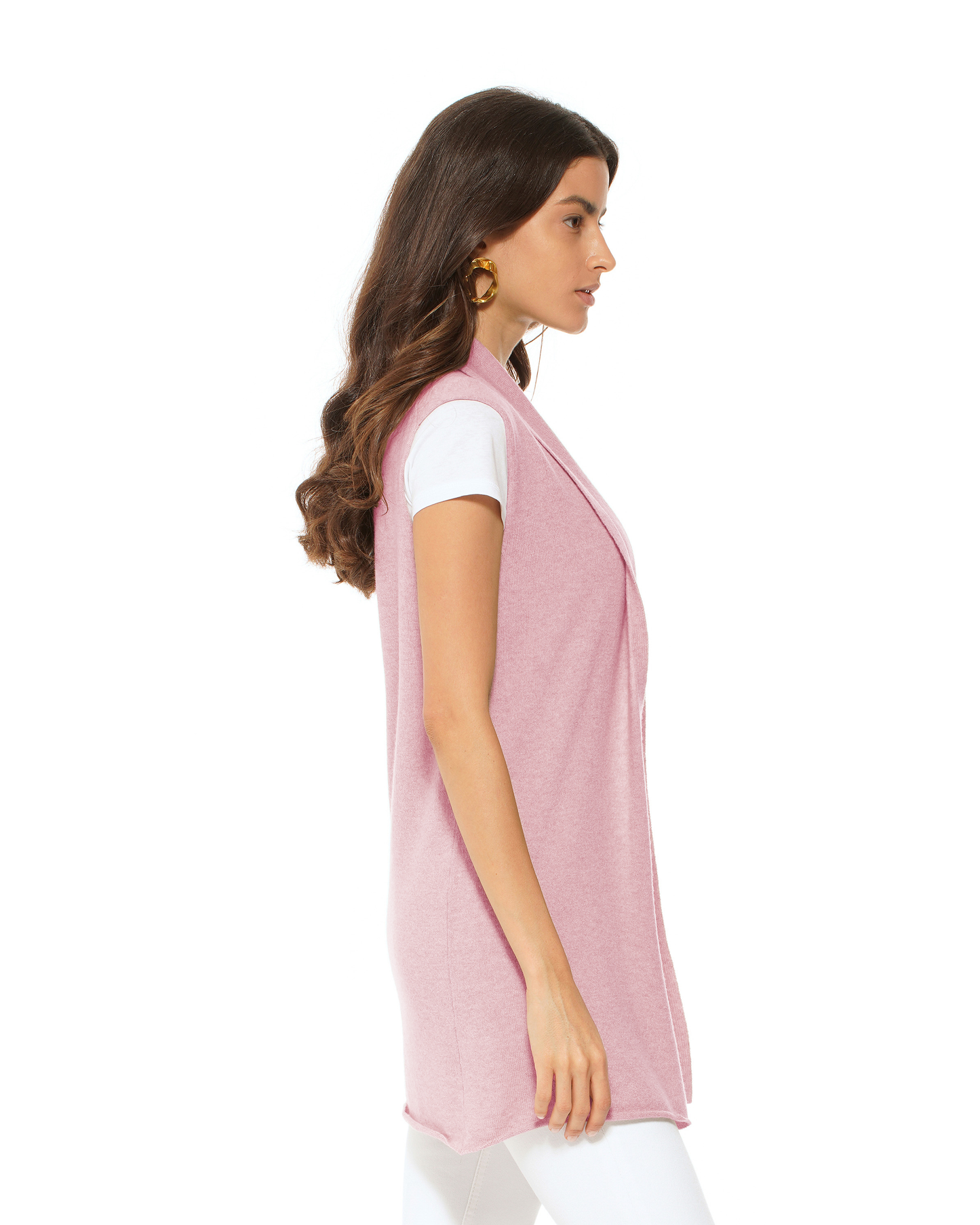 Women's Pure Cashmere Sleeveless Long Open Front Cardigan Baby Pink